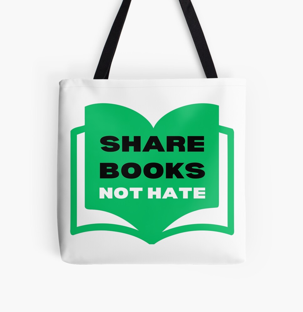 White tote bag with black handle and an abstract design for a book in green with the words "Share Books" in black and "Note Hate" in white.